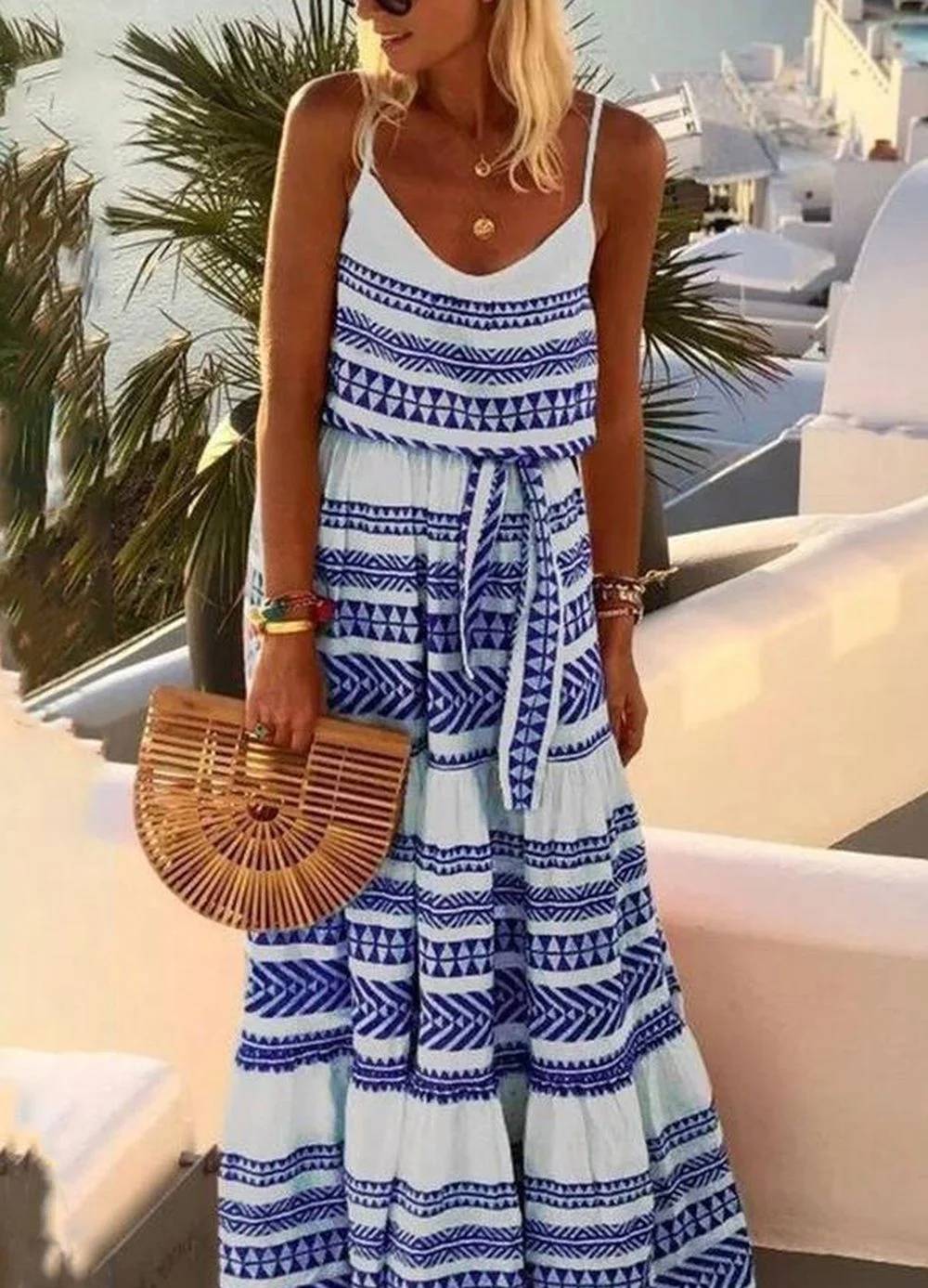 Dam Stropplös Klänning Bohemisk Geometriskt Mönster för Sommarfest-3