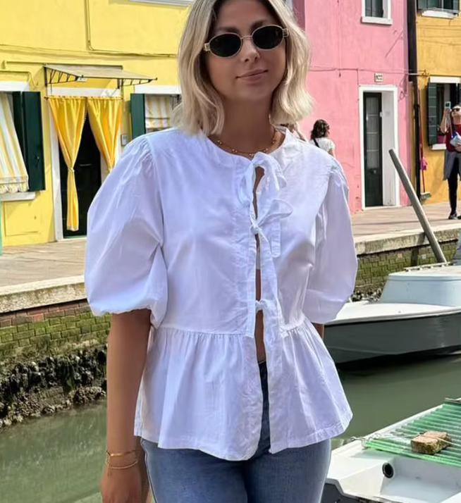 Dam Blus Puffärmar Lätt Tyg-3