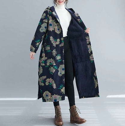 Lång Vinterrock Dam Vintage Bomull med Huva-2