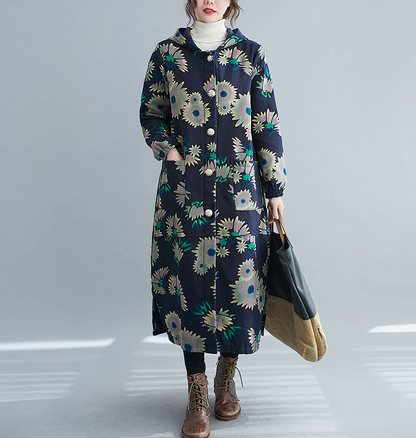 Lång Vinterrock Dam Vintage Bomull med Huva-1