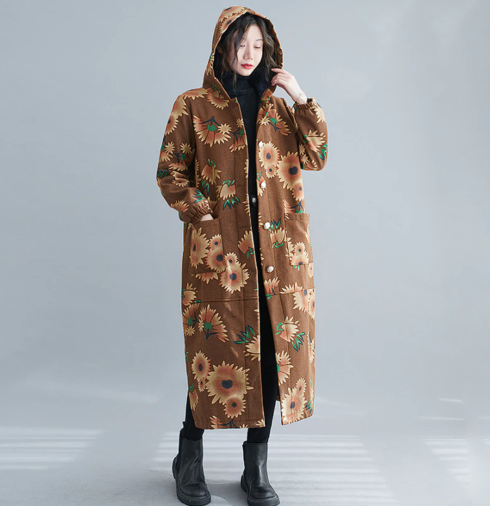 Lång Vinterrock Dam Vintage Bomull med Huva-6