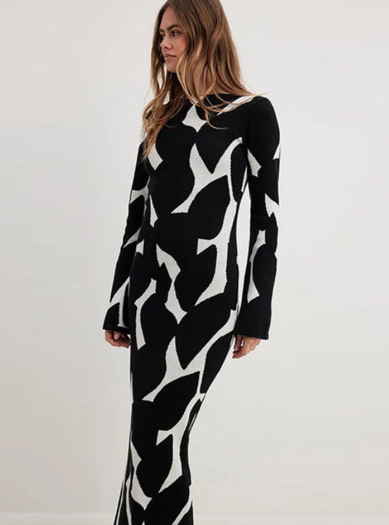 Dam Klänning Lång Stickad med Långa Ärmar Mjuk Material Elegant Silhuett-6