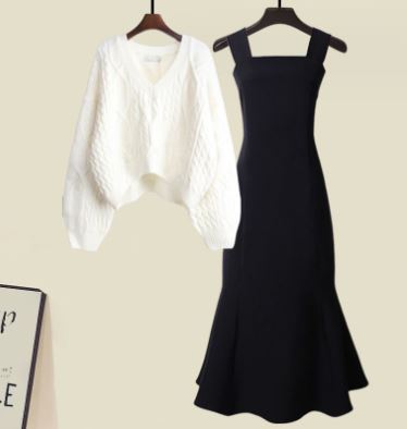 Variant image for Kvinnors Set med Tvärstickad Tröja och Fiskstoppsklänning Mjuk Tygblandning-19