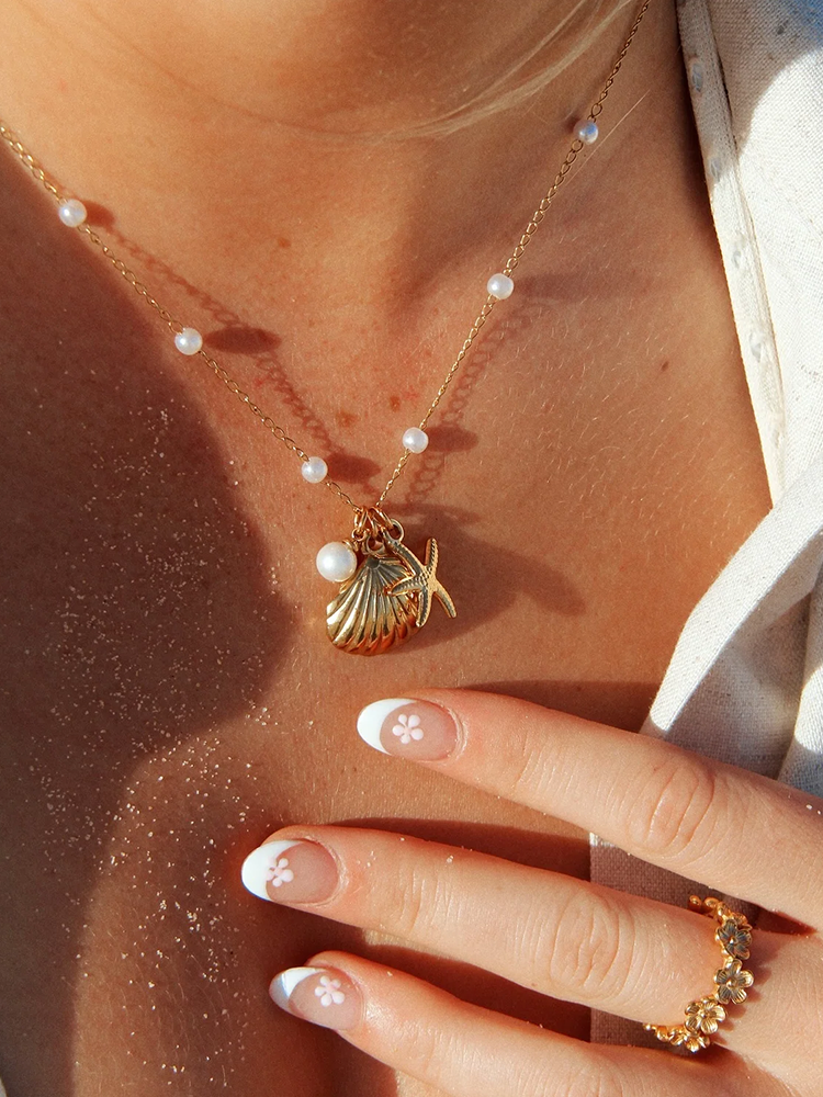 Dam Halsband Pärlor med Skalpärla Charm i Guldton-3