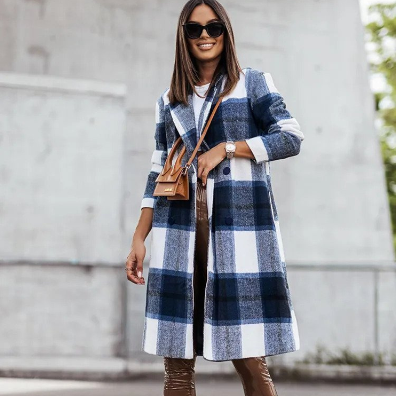 Kvinnors Lång Rutig Höstjacka i Ull-1