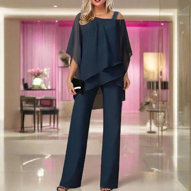 Dam Chiffong Set Elegant Axeltopp och Byxor Lyxig Chiffong 10