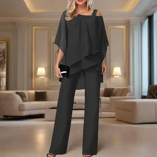 Dam Chiffong Set Elegant Axeltopp och Byxor Lyxig Chiffong 1