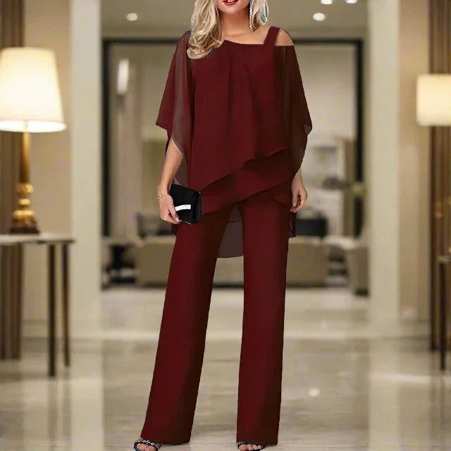Dam Chiffong Set Elegant Axeltopp och Byxor Lyxig Chiffong 11