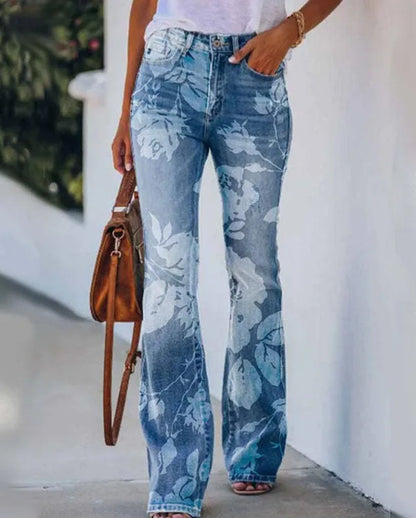 Dam Jeans med Hög Midja Blommönster i Trendig Design-4