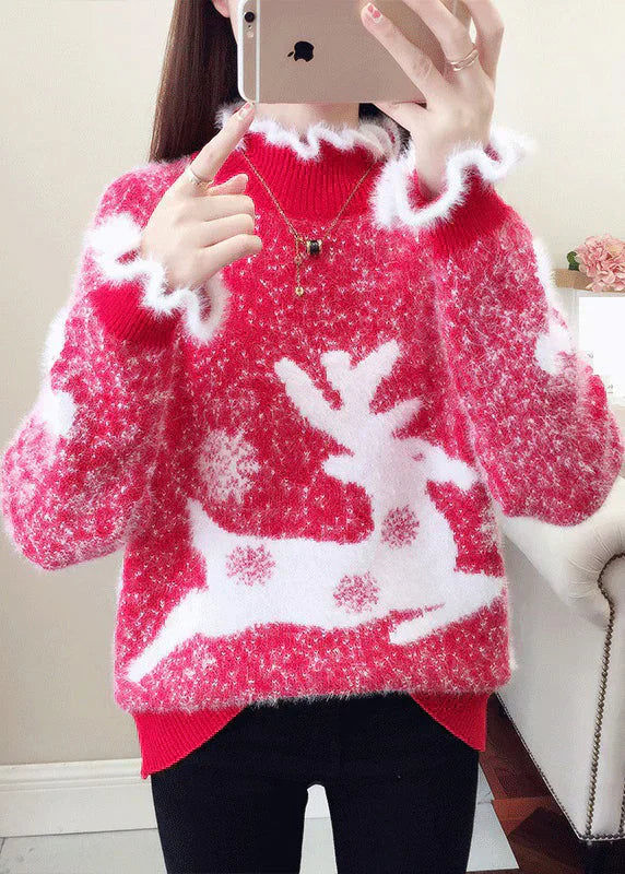 Stickad Dam Tröja med Ruffles och Broderi i Tjockt Material-1