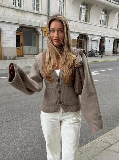 Dam Cardigan Relaxed Fit Mjukt Stickat Tyg med Fickor 1