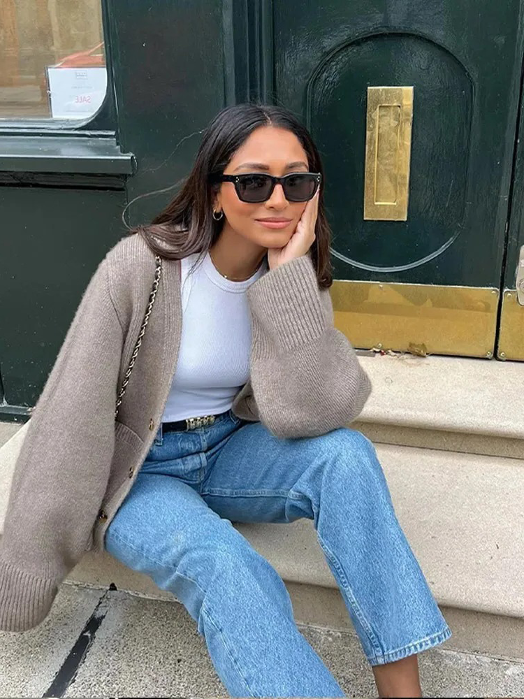 Dam Cardigan Relaxed Fit Mjukt Stickat Tyg med Fickor 5