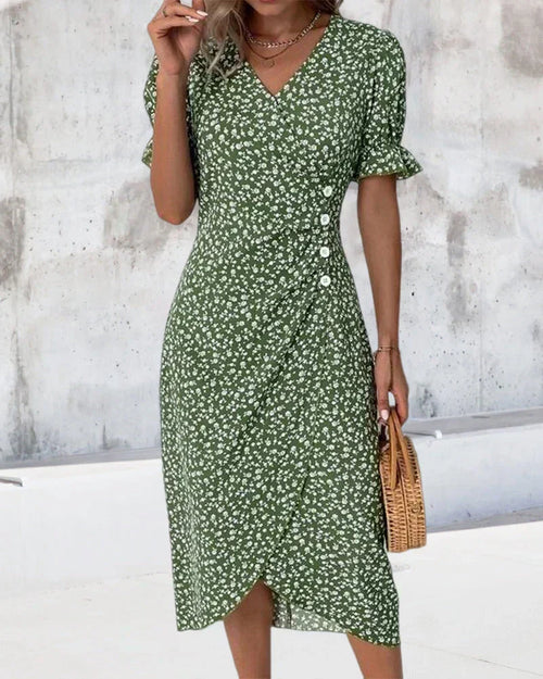 Fina Dam Klänningar Blommönster Korta Ärmar Polyester-1