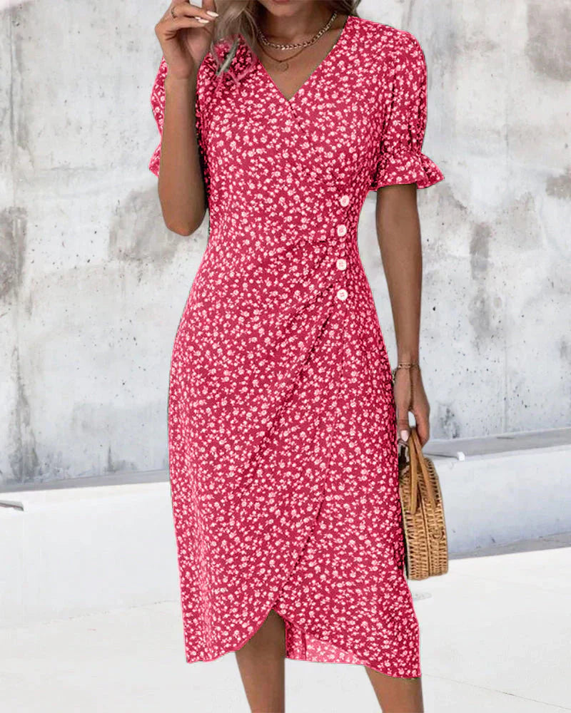 Fina Dam Klänningar Blommönster Korta Ärmar Polyester-4