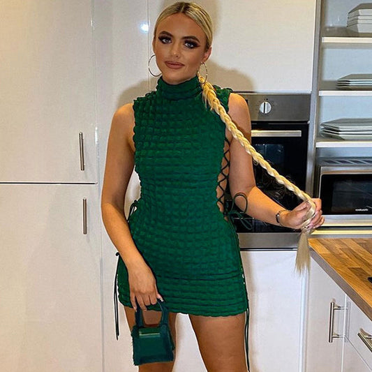 Kvinnors Miniklänning Höghalsad med Stativ-upp Krage och Snörning i Strukturerat Tyg-1