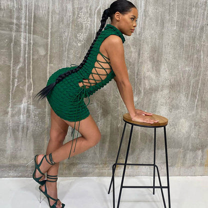 Kvinnors Miniklänning Höghalsad med Stativ-upp Krage och Snörning i Strukturerat Tyg-3