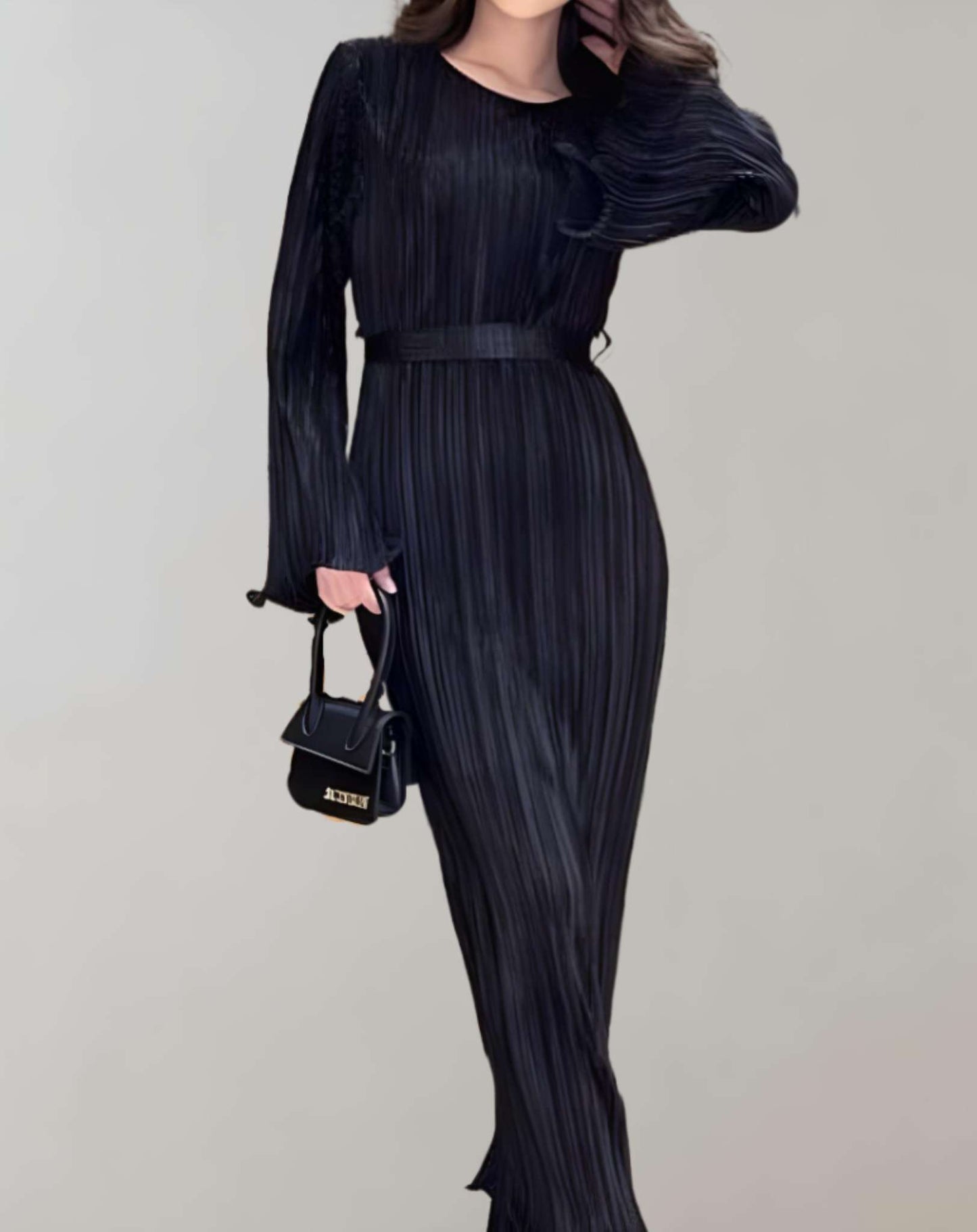 Variant image for Kvinna Midja Lång Klänning Rynkad Högkvalitativt Tyg-2