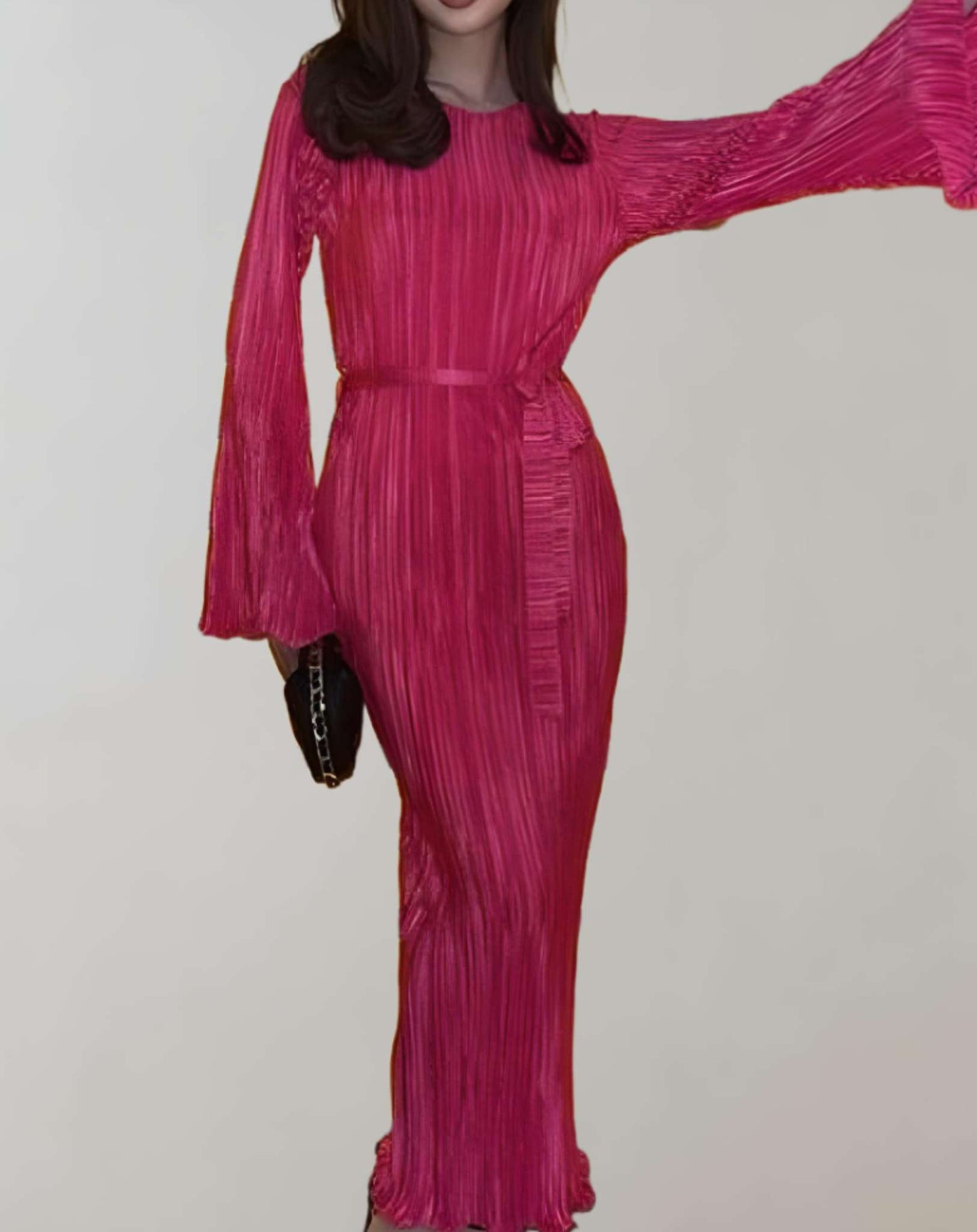 Kvinna Midja Lång Klänning Rynkad Högkvalitativt Tyg-2