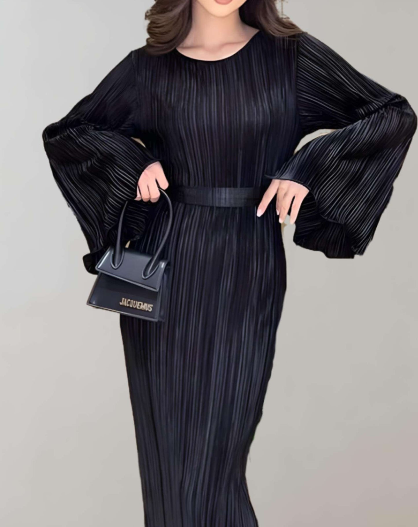 Kvinna Midja Lång Klänning Rynkad Högkvalitativt Tyg-5