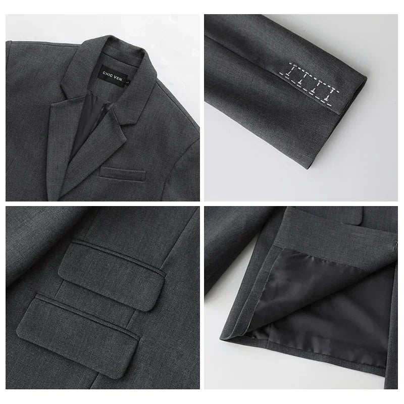 Överdimensionerad Dam Blazer i Polyester och Spandex med Skräddarsydd Passform och Klafffickor – Klassisk Design 2