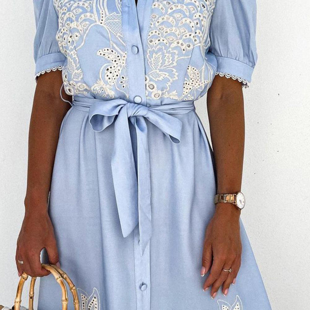 Dam Poloklänning Puffärmar Broderad Lätt Material-6