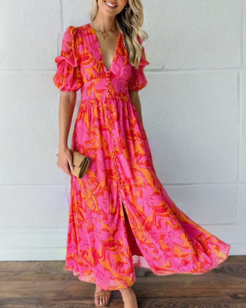 Variant image for Kvinna Klänning Puffärmar Djup V-ringning Polyester-1