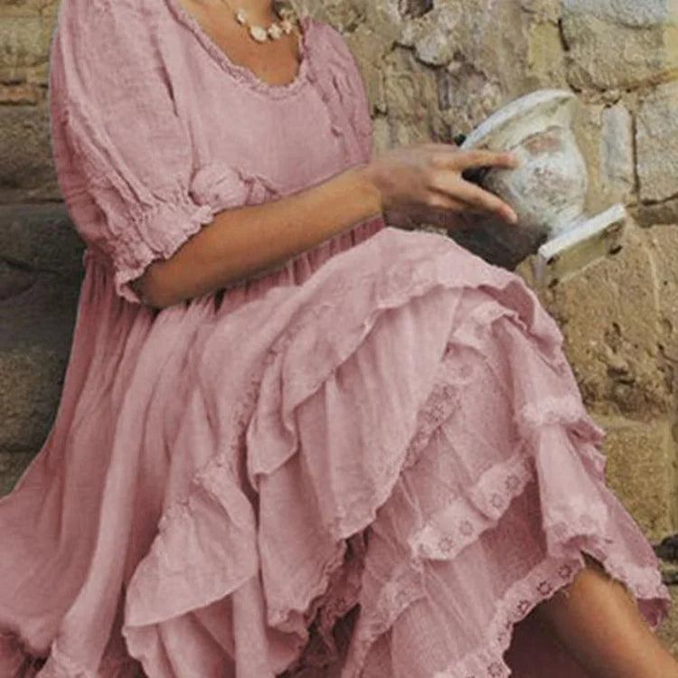 Dam Maxiklänning Vintage Stil Lätt Linne och Bomull-3