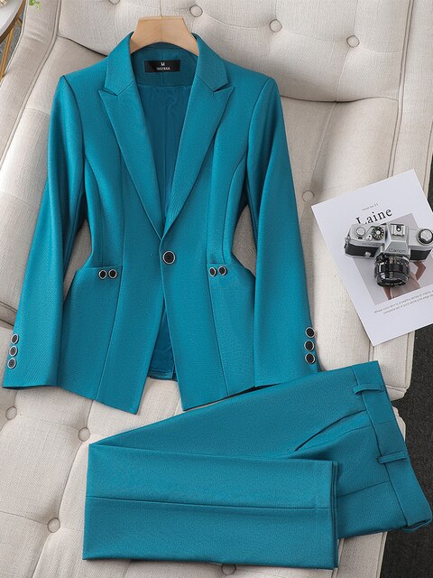 Dam Blazer Set Skräddarsydd Acetat Elastan med Dubbla Sidofickor-1