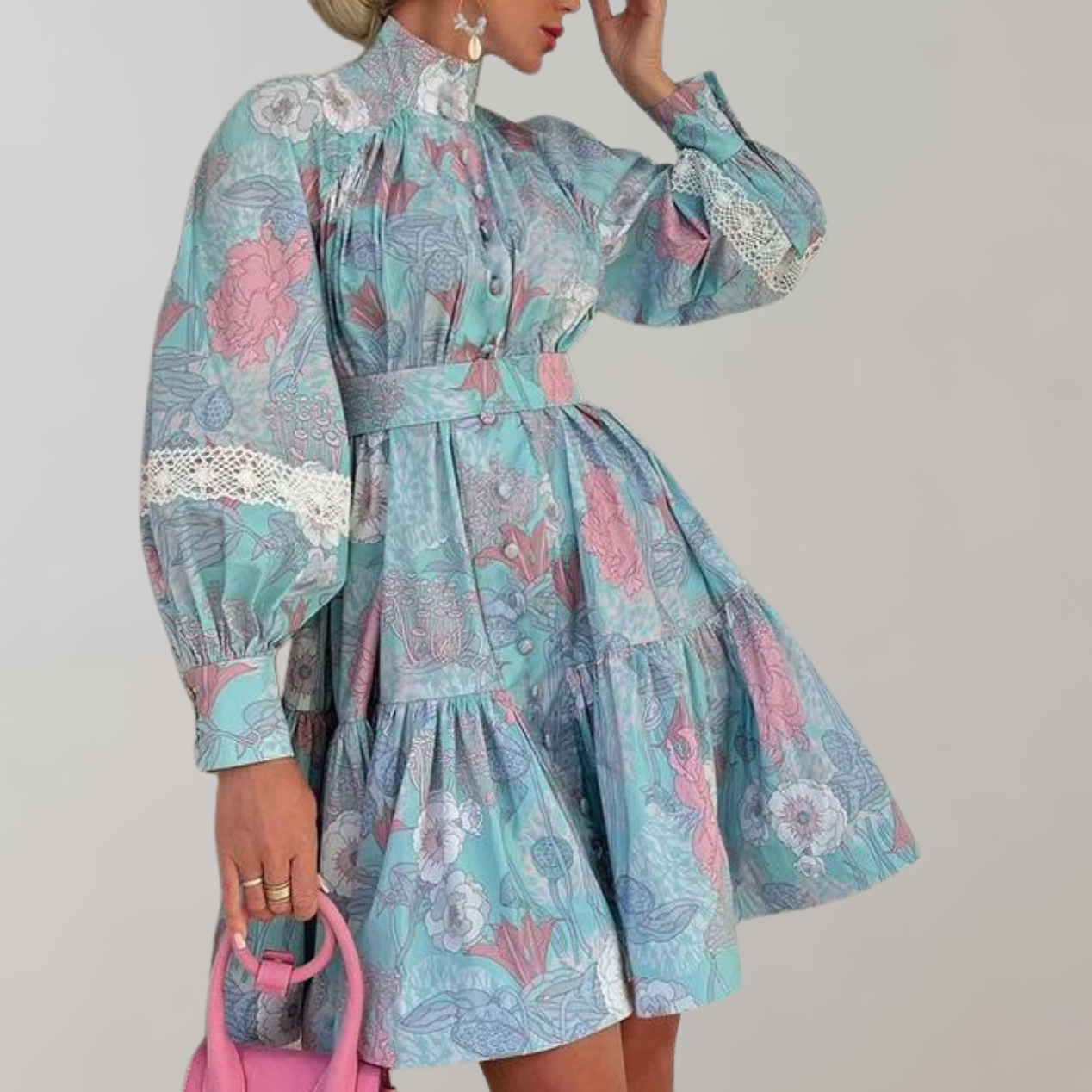 Kvinnors Lång Klänning Blommigt Tryck Puffärmar Högkvalitativt Tyg-1