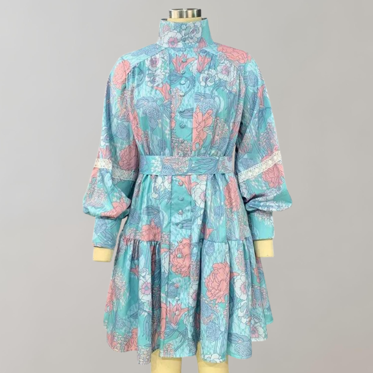 Kvinnors Lång Klänning Blommigt Tryck Puffärmar Högkvalitativt Tyg-3