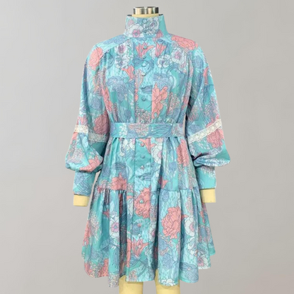 Kvinnors Lång Klänning Blommigt Tryck Puffärmar Högkvalitativt Tyg-3