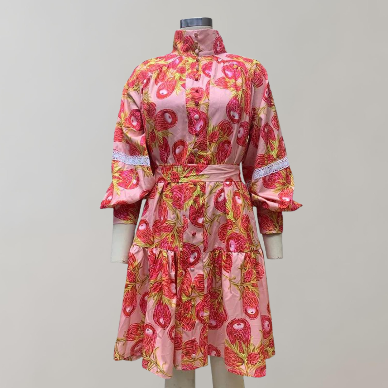 Kvinnors Lång Klänning Blommigt Tryck Puffärmar Högkvalitativt Tyg-5