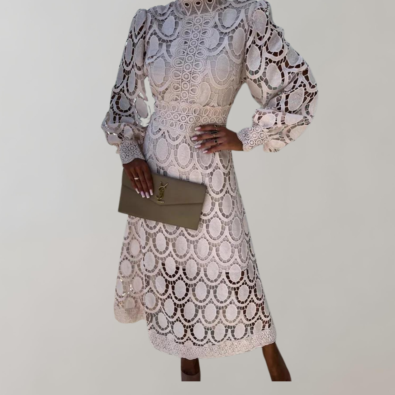 Dam Midiklänning Hög Halsringning Puffärmar Luftigt Tyg-2