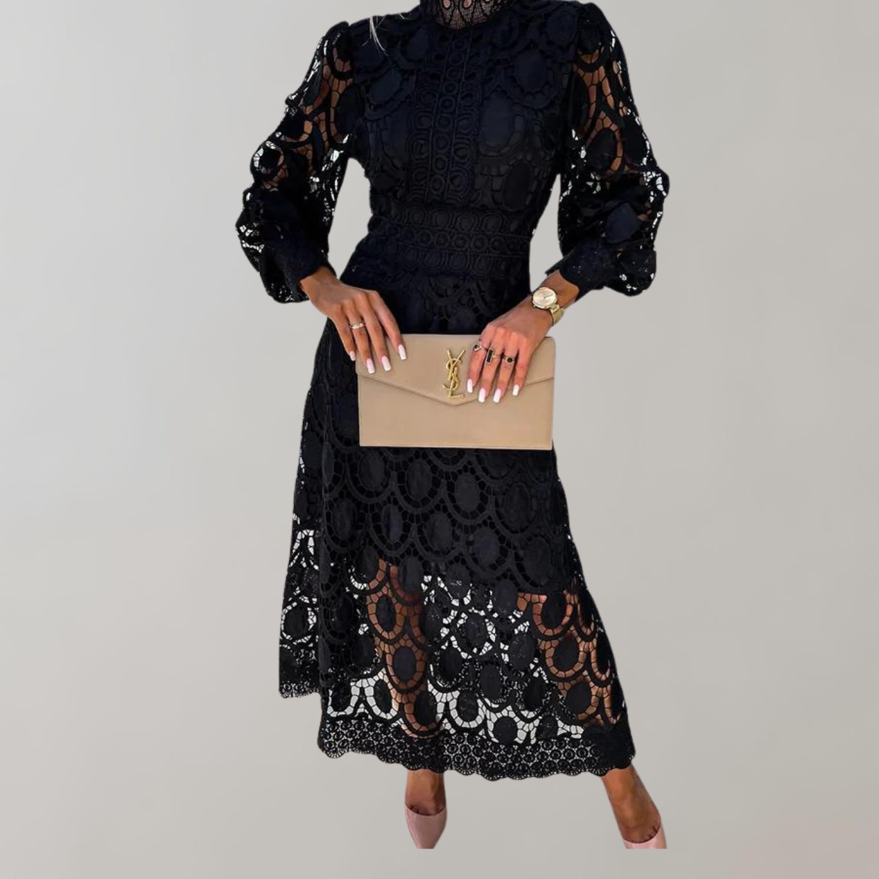 Dam Midiklänning Hög Halsringning Puffärmar Luftigt Tyg-3