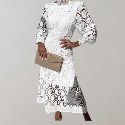 Dam Midiklänning Hög Halsringning Puffärmar Luftigt Tyg-4