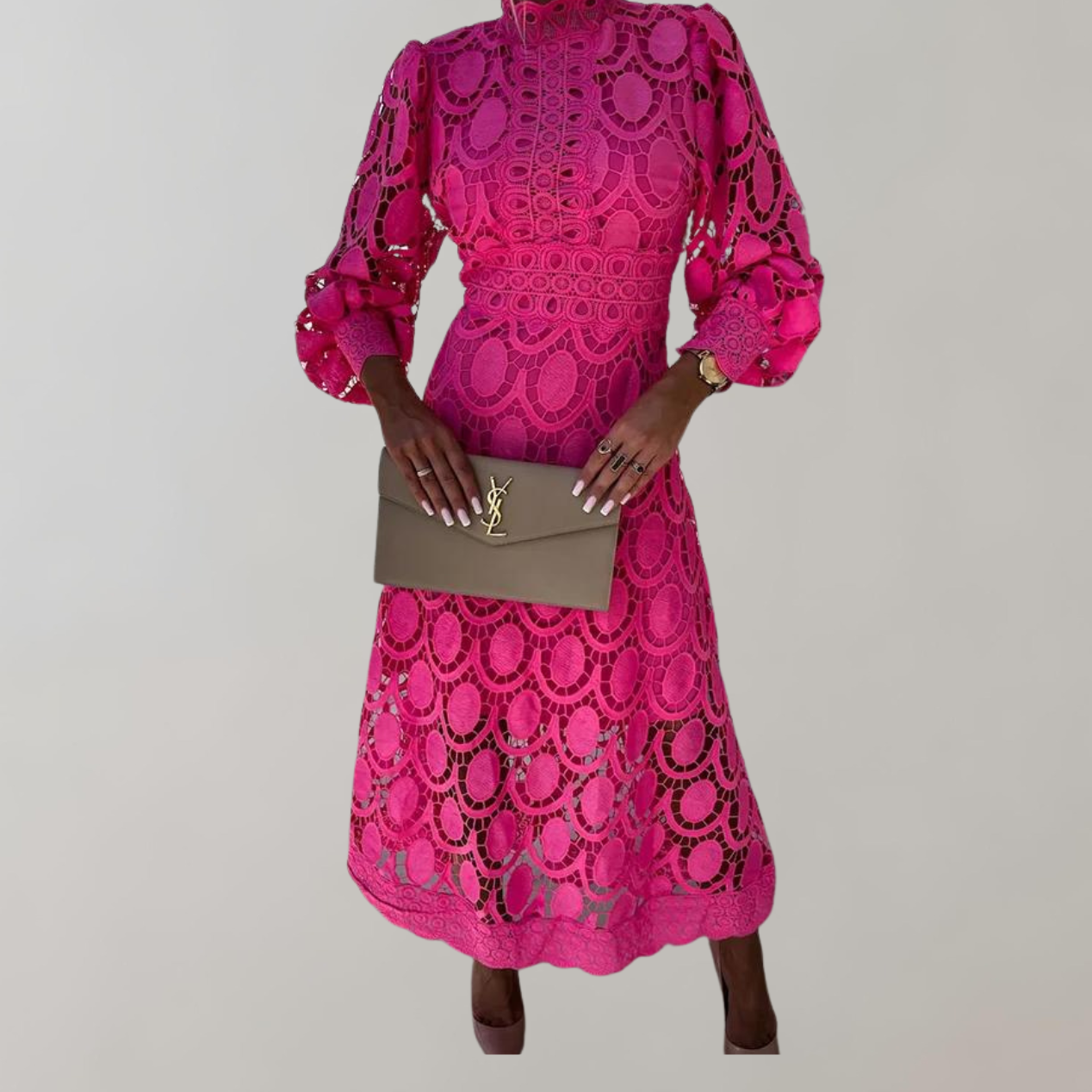 Variant image for Dam Midiklänning Hög Halsringning Puffärmar Luftigt Tyg-1