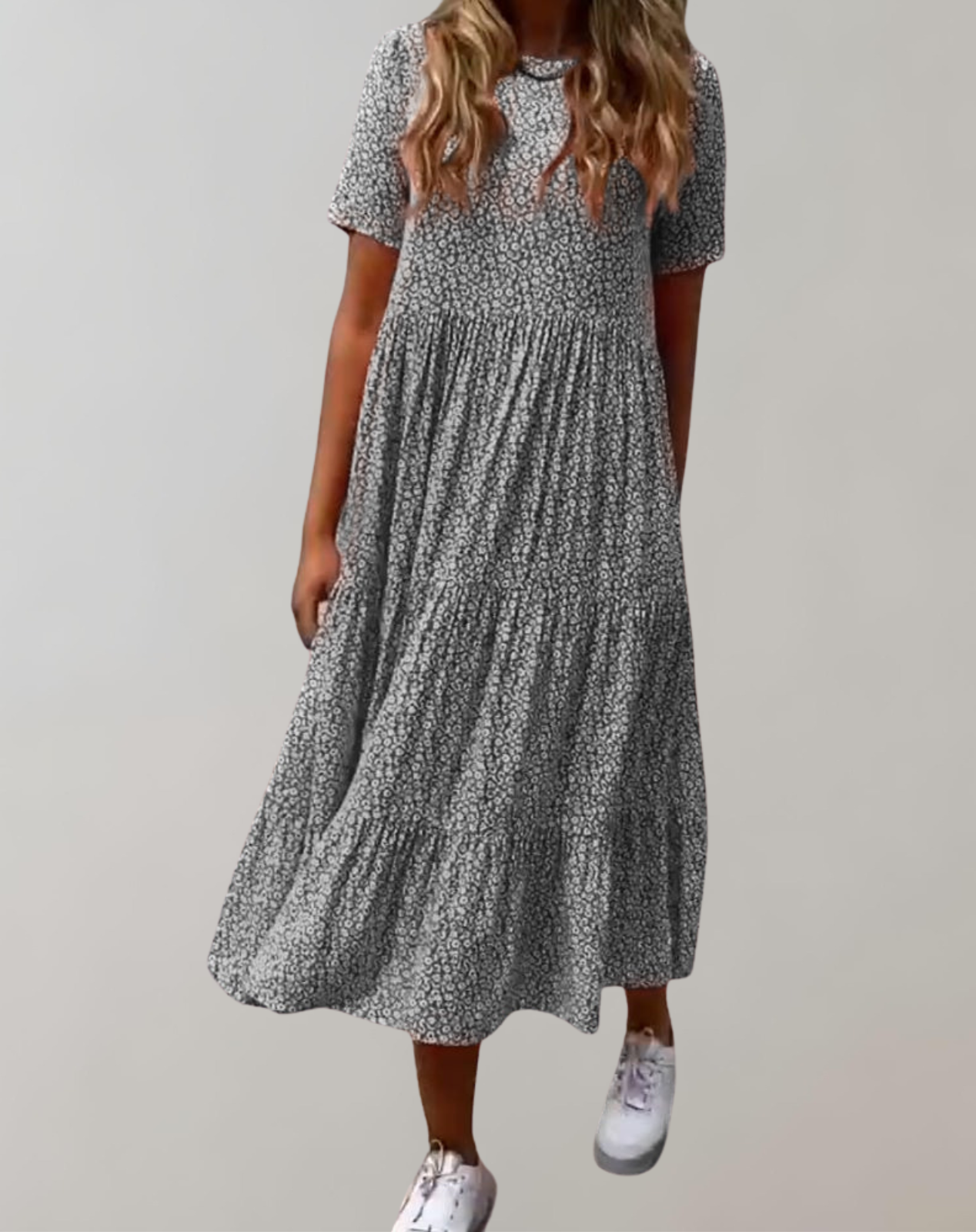 Dam Midiklänning Blommönster Avslappnad Stil Korta Ärmar Mjukt Material-5