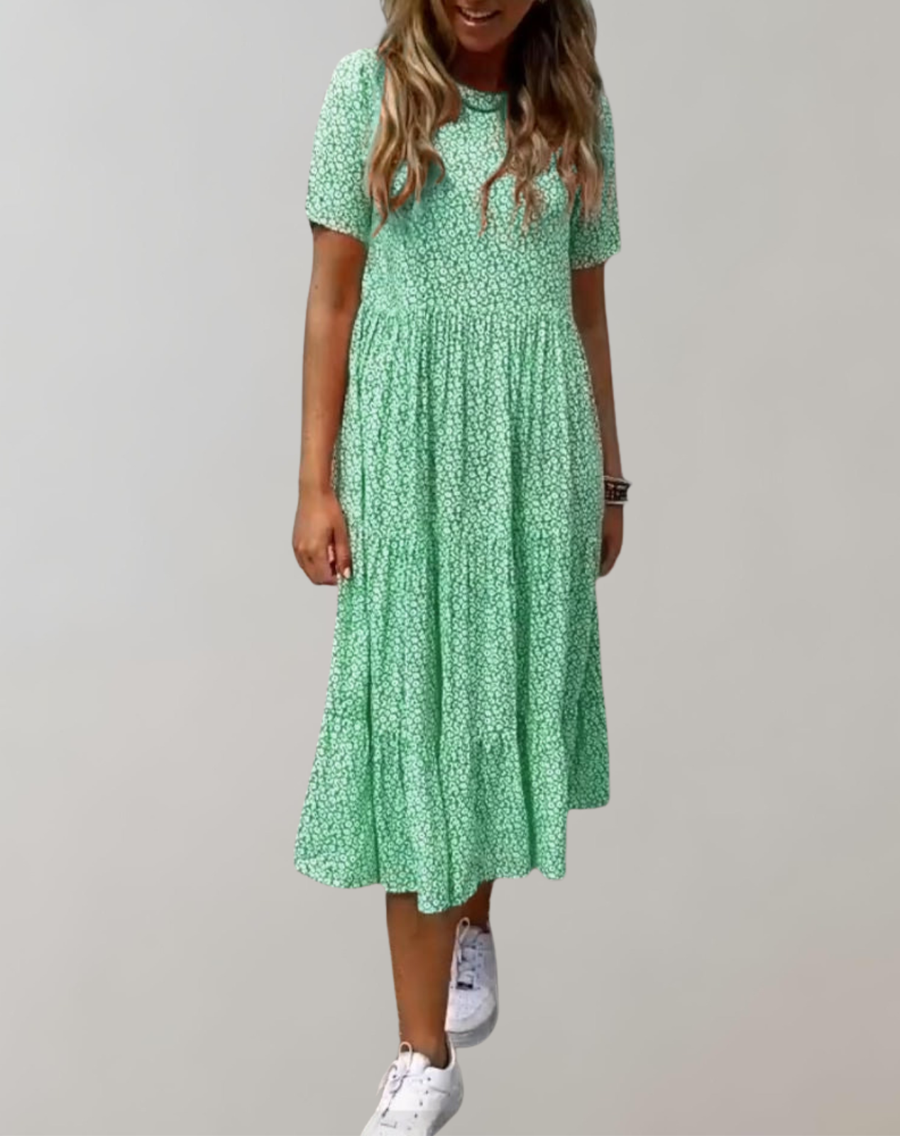 Variant image for Dam Midiklänning Blommönster Avslappnad Stil Korta Ärmar Mjukt Material-7