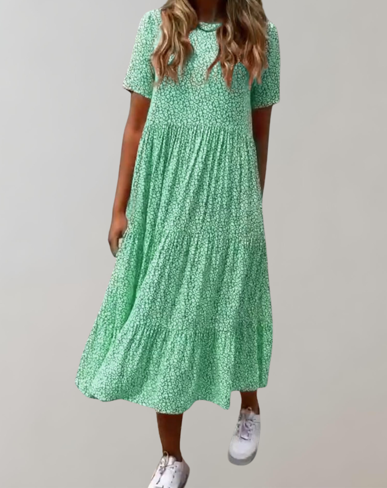 Dam Midiklänning Blommönster Avslappnad Stil Korta Ärmar Mjukt Material-6