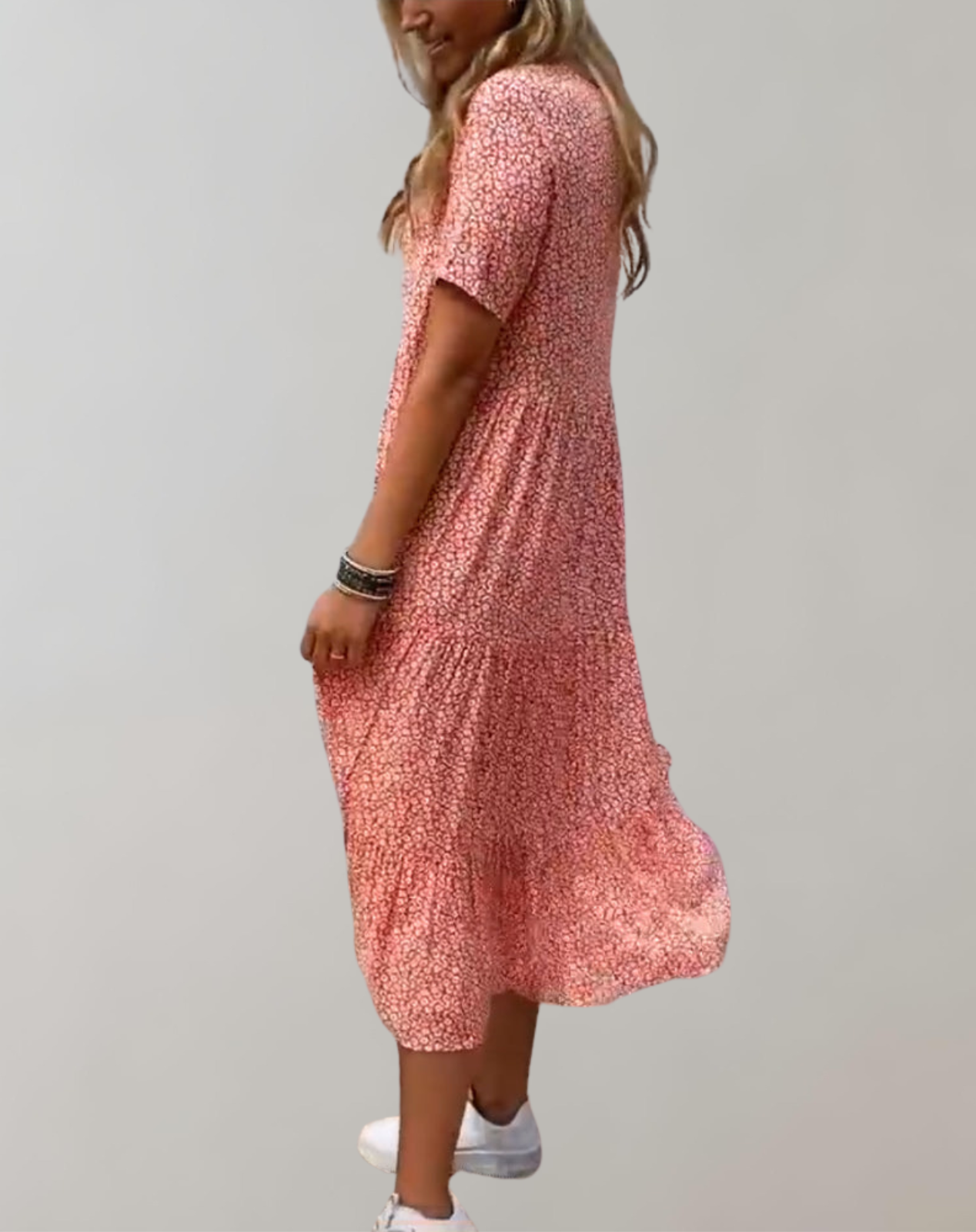 Dam Midiklänning Blommönster Avslappnad Stil Korta Ärmar Mjukt Material-2