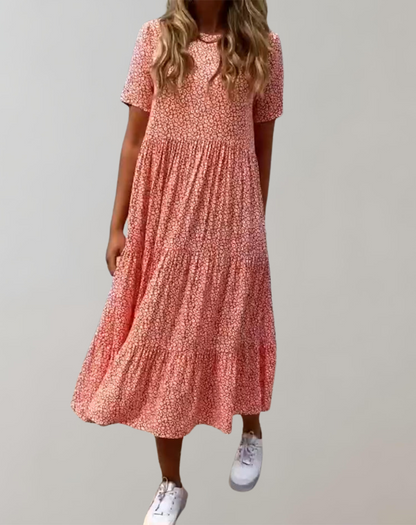 Dam Midiklänning Blommönster Avslappnad Stil Korta Ärmar Mjukt Material-3