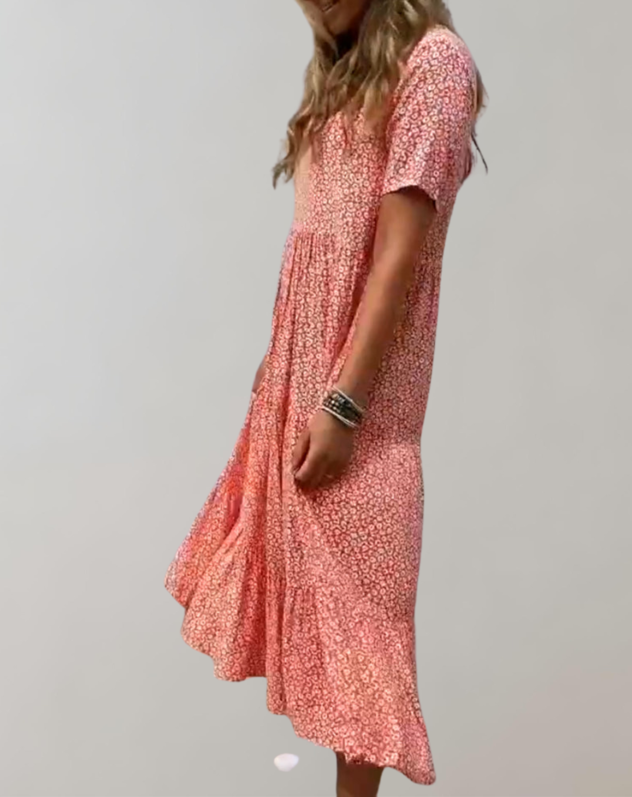 Dam Midiklänning Blommönster Avslappnad Stil Korta Ärmar Mjukt Material-4