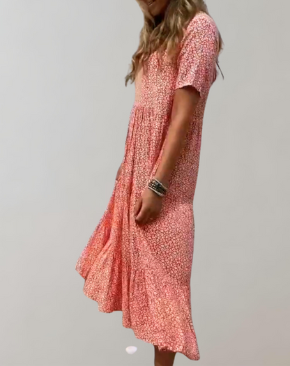 Dam Midiklänning Blommönster Avslappnad Stil Korta Ärmar Mjukt Material-4