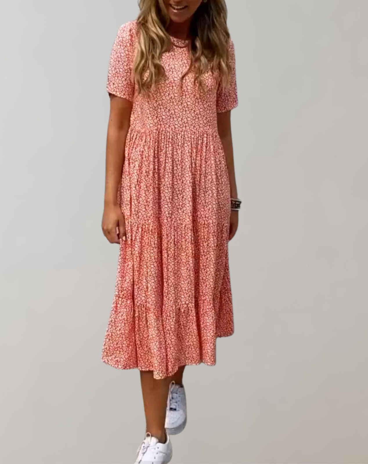 Variant image for Dam Midiklänning Blommönster Avslappnad Stil Korta Ärmar Mjukt Material-1