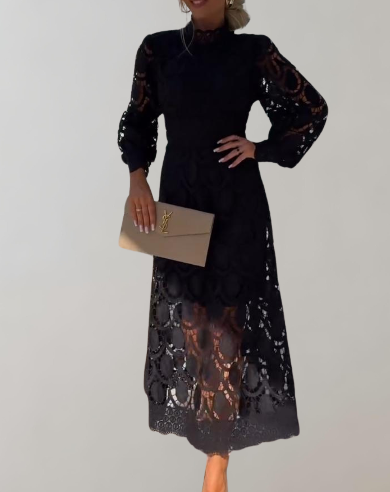 Kvinna MIDI Klänning Höghalsad Spets-2