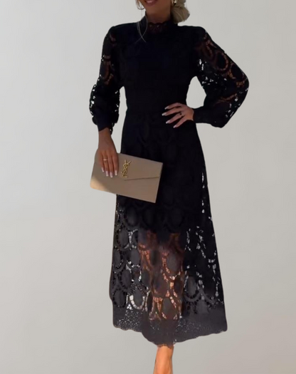 Kvinna MIDI Klänning Höghalsad Spets-2