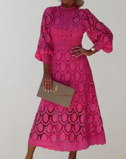 Kvinna MIDI Klänning Höghalsad Spets-4