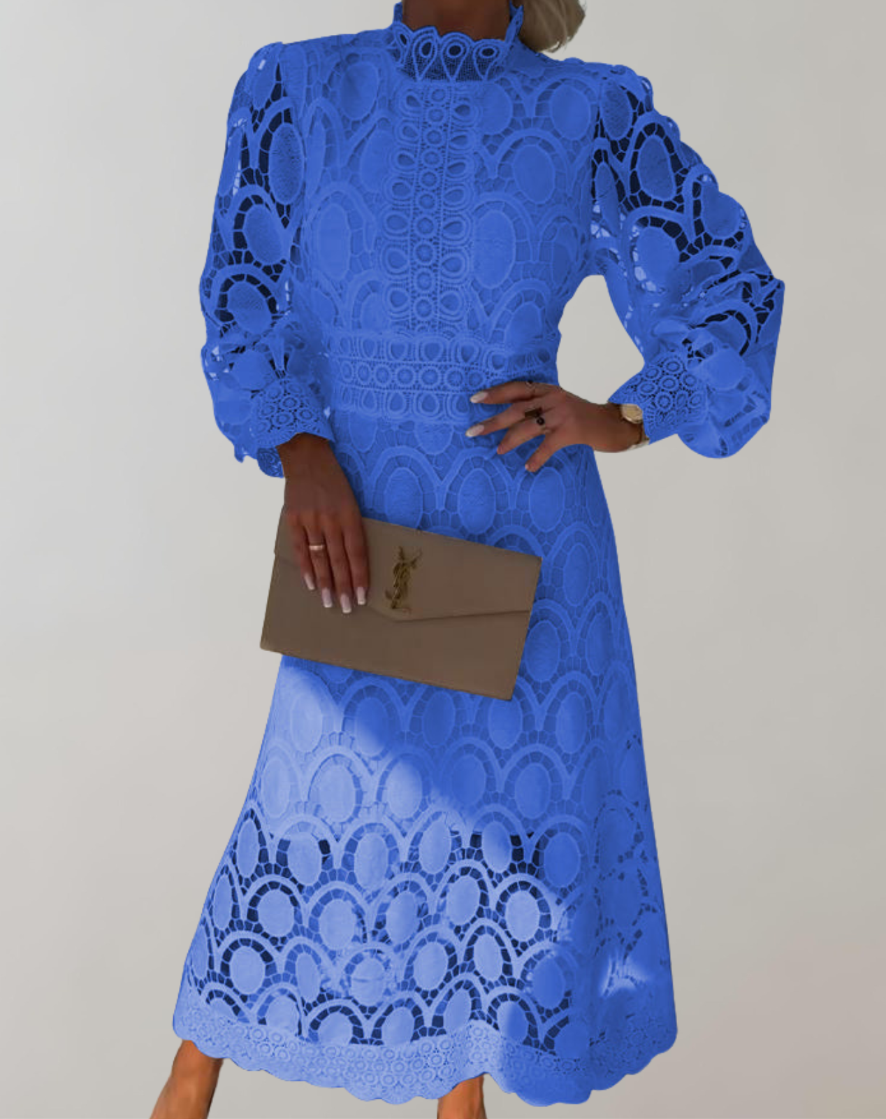 Kvinna MIDI Klänning Höghalsad Spets-5