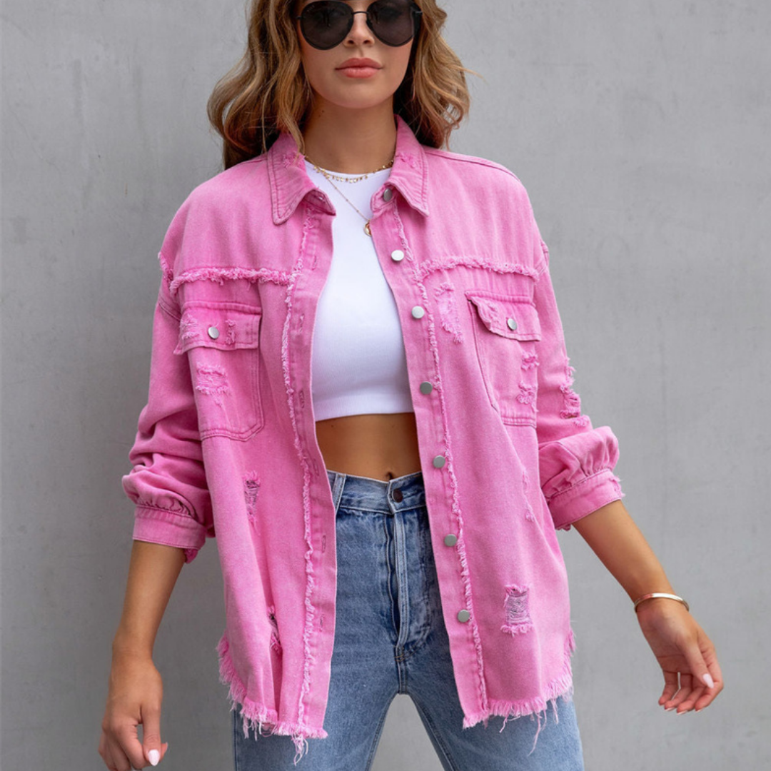 Dam Jeansjacka Modern Denim med Fransar Oversize-3