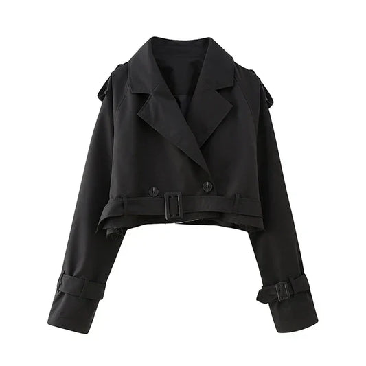 Kort Svart Kappa för Dam i Lätt Material – Stilren Trenchcoat med Knappstängning och Reversibel Krage 1
